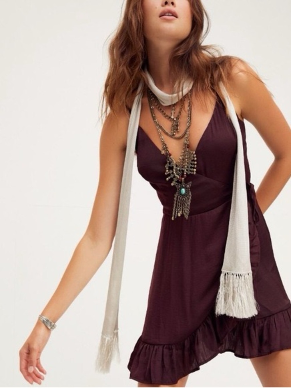 Free People Satin Wrap Dress in Plum